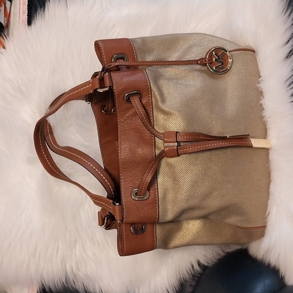 3656 Large Michael Kors Drawstring Satchel Shoulder Bag Sparkly Fabric /Leather - Picture 1 of 12